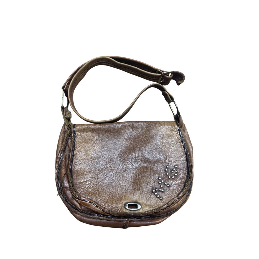 70s Distressed Leather Crossbody Bag w/Braided Trim & MG Studded Monogram – Boho